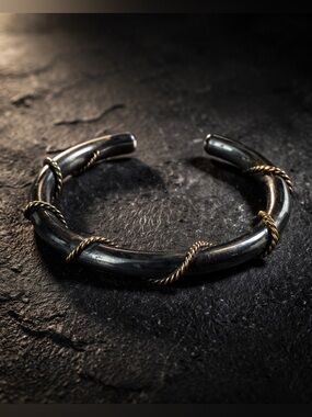 Taxco 925 Sterling Silver Cuff Bracelet w Brass Cable Heavy